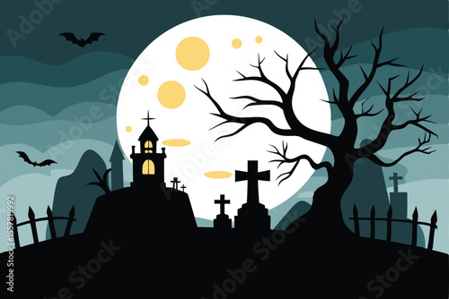 Spooky Graveyard Halloween Silhouette with Full Moon, Bats, and Creepy Castle Illustration