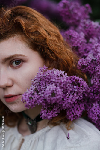 Young pretty caucasian woman in romantic outfit walking in blooming spring garden. Artistic outdoor photo of beautiful red-haired girl posing in fragrant lilac blossom.