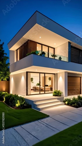Modern two-story house with geometric design, illuminated pathway, manicured lawn, balcony with plants, and minimalist aesthetic at twilight