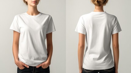 Mockup featuring a plain white t-shirt modeled by a woman front and back on a neutral background. Ideal for branding, fashion design, or promotional use.