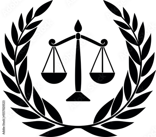 Black and White Scales of Justice with Laurel Wreath Icon
