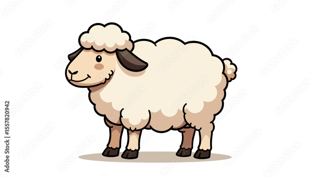Obraz premium Illustration of a smiling cartoon sheep standing on a light background in a cute and fluffy style, copy space 