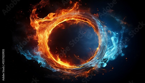 abstract fire and water fiery circle on a black background ice and fire circling frame on black