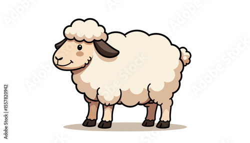 Illustration of a smiling cartoon sheep standing on a light background in a cute and fluffy style, copy space
