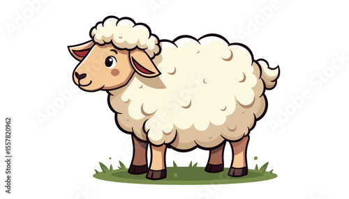 Illustration of a cute cartoon sheep standing on grass in a colorful style on a light background, copy space
