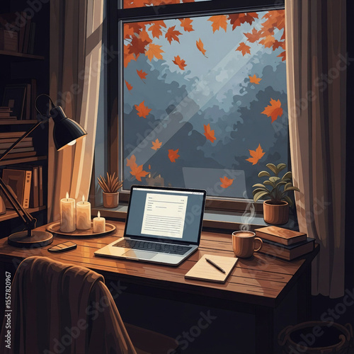 Vector cozy home office with laptop, coffee, books, and window light