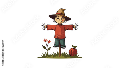 Illustration of a cheerful scarecrow wearing a hat, standing in a garden with flowers and a pumpkin on a light background, copy space
