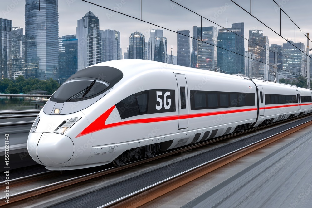 Naklejka premium Modern high speed 5g train moving through urban metropolis