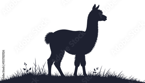 Silhouette icon  of a llama standing in grass with a natural background in a minimalist style, copy space
