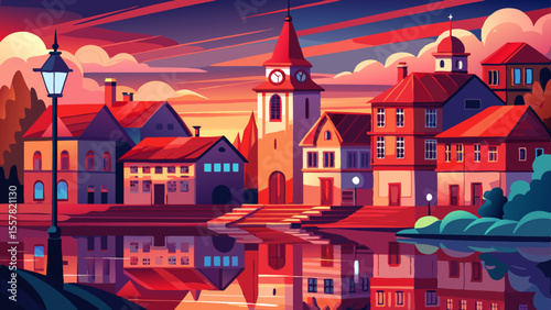 Red roofs beneath pale sky, clock tower stands timeless. Lamp-lit streets glow under dusky clouds, calm river arcs through the city, reflections of history shimmer gently.


