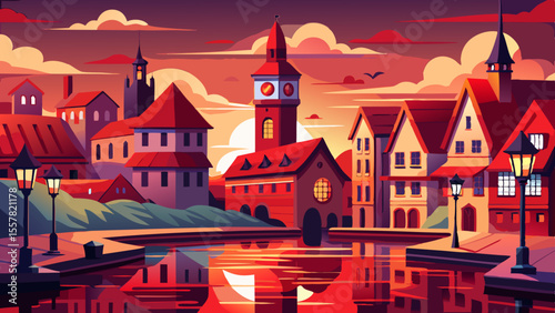 Red roofs beneath pale sky, clock tower stands timeless. Lamp-lit streets glow under dusky clouds, calm river arcs through the city, reflections of history shimmer gently.

