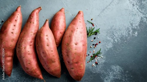 Overhead view of five sweet potatoes arranged on a grey textured surface with rosemary sprigs and assorted peppercorns and salt crystals.