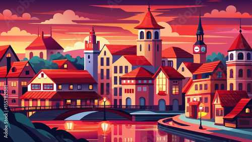 Red roofs beneath pale sky, clock tower stands timeless. Lamp-lit streets glow under dusky clouds, calm river arcs through the city, reflections of history shimmer gently.

