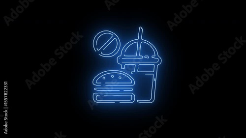Neon blue icon of food tray with cloche and drink glass representing dining or hospitality
