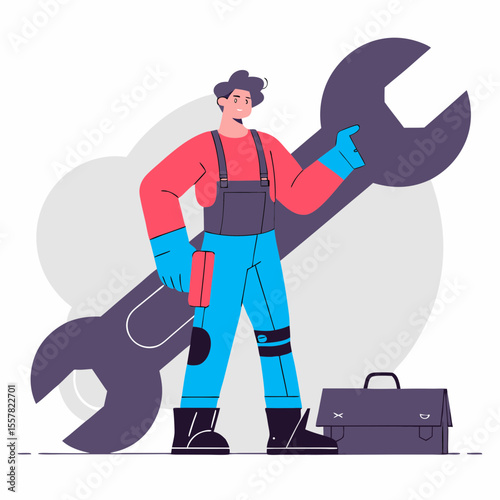 Illustration of a worker holding a large wrench with a toolbox in a modern setting