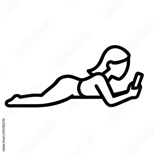 Simple line art of a young woman lying on her stomach and using a smartphone