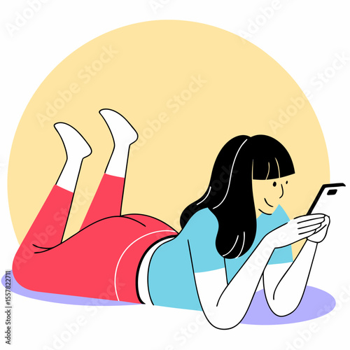 Illustration of a young woman lying on her stomach, using her smartphone in a relaxed position
