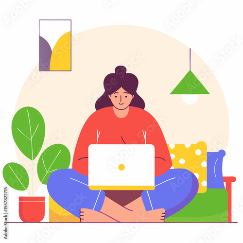 Illustration of a young woman working on a laptop in a vibrant and cozy home setting