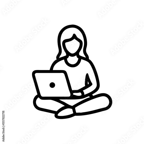 Simple line art of a young woman sitting cross-legged and working on a laptop