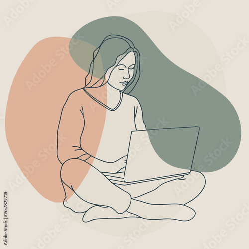 Outline illustration of a young woman working on a laptop in a cozy and minimalist setting