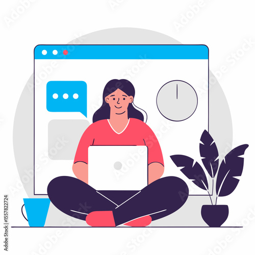 Young woman working on a laptop with a digital interface and plants in a cozy setting