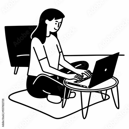 Illustration of a young woman working on a laptop while sitting on the floor