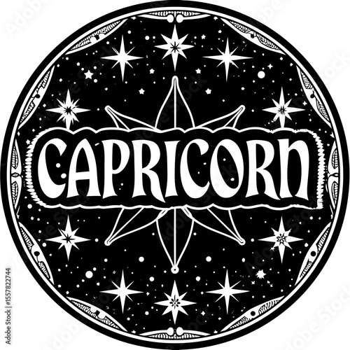 Capricorn zodiac sign with celestial motifs in a black circular design
