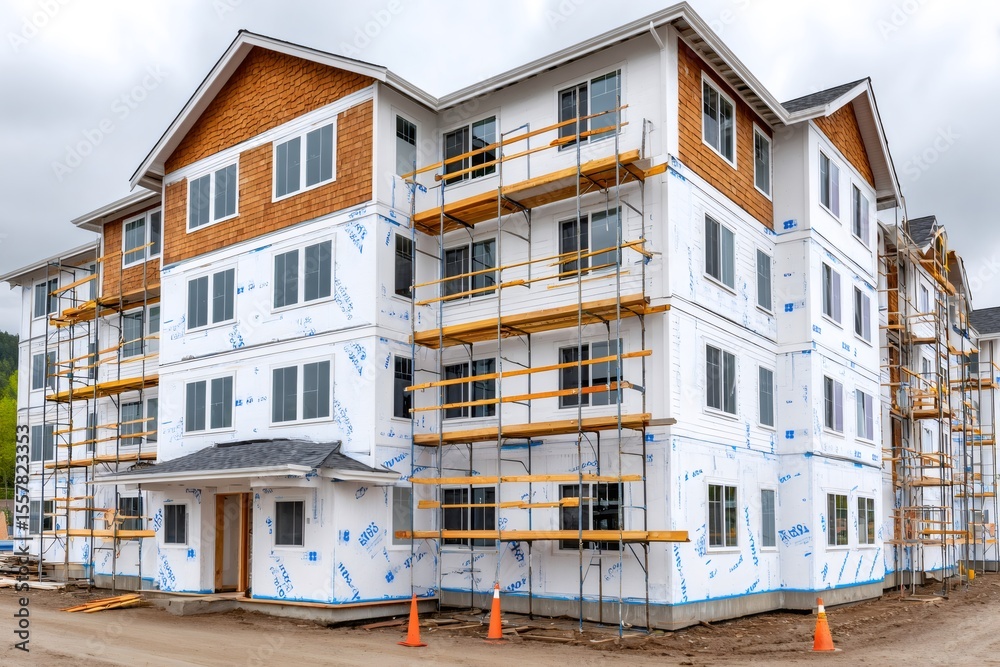 Obraz premium Modern apartment building under construction with scaffolding