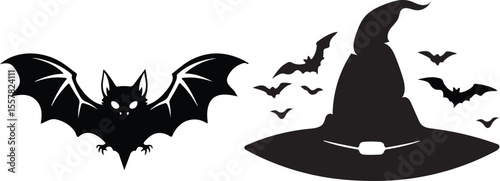 Halloween Bats and Witch Hat Silhouettes Spooky Clipart for Decorations