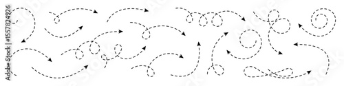 Collection of curved arrows with dashed lines. Minimalist elements for navigation, direction, process visualization, and graphic design.