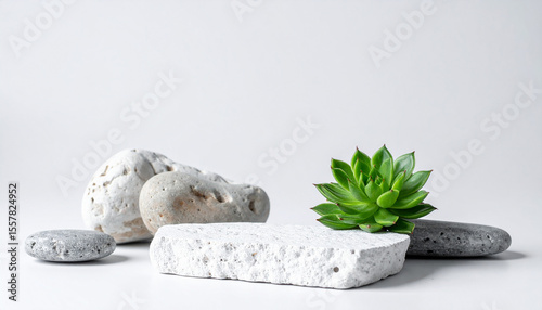 Natural white stone podium for product presentation with rocks and green succulent. Mock-up.