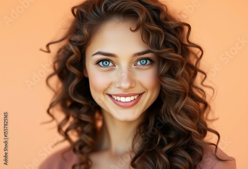 Warm pastel background with a smiling female portrait