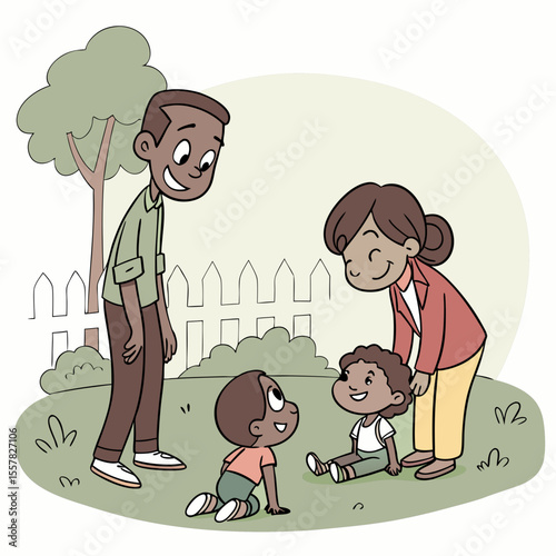 Happy Family Illustration with Parents and Two Young Children Outdoors – Cartoon Style