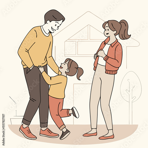 Happy Family Illustration with Parents and Two Young Children Outdoors – Cartoon Style