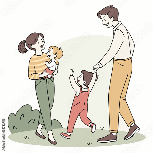 Happy Family Illustration with Parents and Two Young Children Outdoors – Cartoon Style
