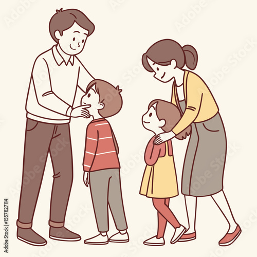 Happy Family Illustration with Parents and Two Young Children Outdoors – Cartoon Style