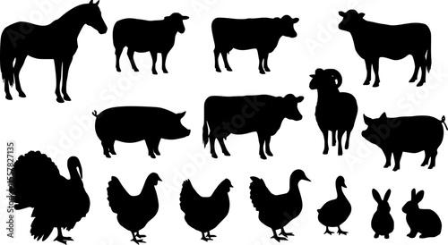 Black silhouettes of farm animals collection
