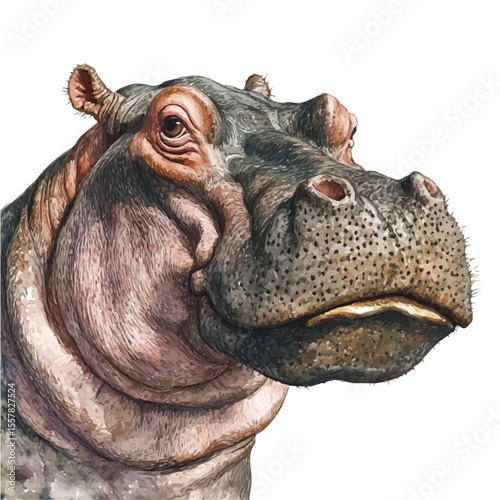 watercolor of Hippopotamus Close Up, vector, isolated on a white background.