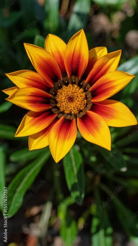 Gazania flower displaying yellow and orange petals surrounding a brown center, nestled among green leaves. Gazania flower displaying yellow and orange petals surrounding a brown center, nestled among green leaves.