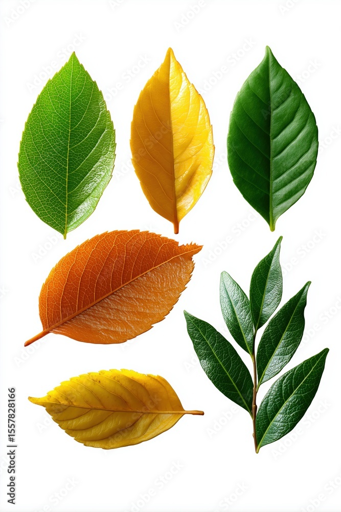 Obraz premium Collection of vibrant green and yellow leaves on white background