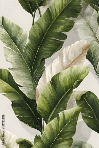 Elegant wallpaper with a pattern of green palm leaves on a beige background, perfect for adding a touch of nature and tranquility to any space