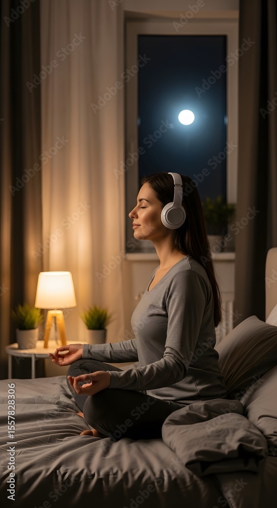 Fototapeta premium Woman Meditating in Bed at Night with Headphones, Moonlit Window