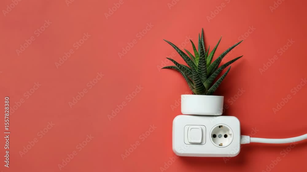 Plant in pot integrated into electrical outlet on red background