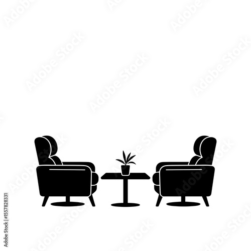Two armchairs with small table and plant in minimal style  