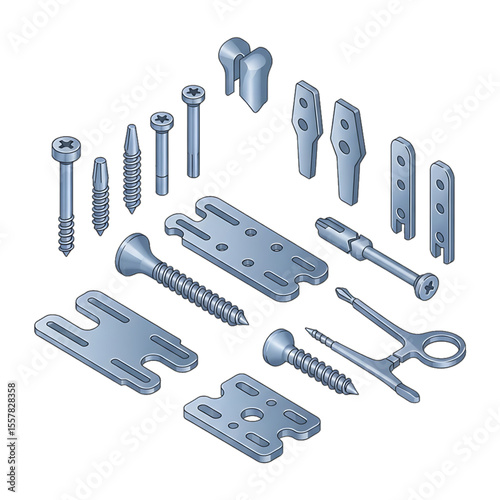 Orthopedic screws and plates set for surgical procedures.