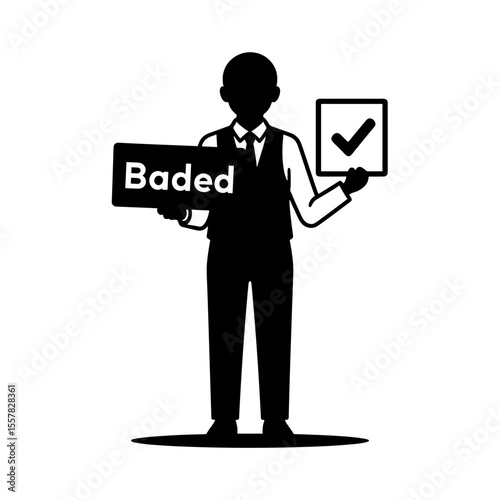 Business class passenger meeting with greeter holding sign and checkmark  