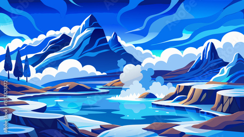 Steamy milky waters blend into lava rocks, blue and white contrasts vivid yet soft. Snow in distance, modern spa lines fade into mist, calm atmosphere of warmth and cold.

