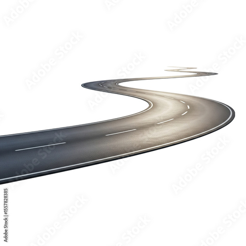 A winding asphalt road stretches into the distance on a black background, showcasing transportation themes and inviting a sense of journey with its curved highway and directional lane markings.