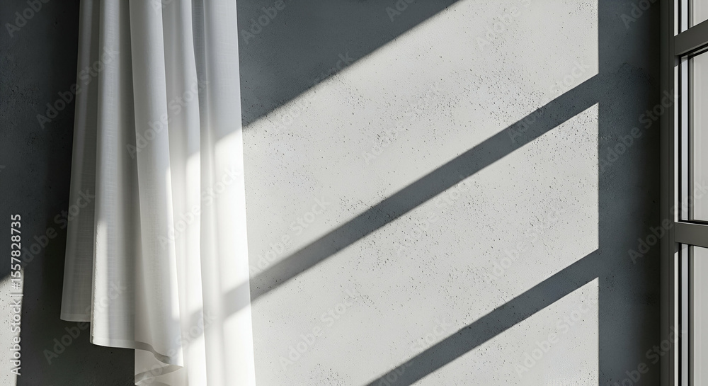 Obraz premium Soft White Curtain Draped Against Gray Wall with Diagonal Sunlight Creating Artistic Shadows in Minimalist Interior Space