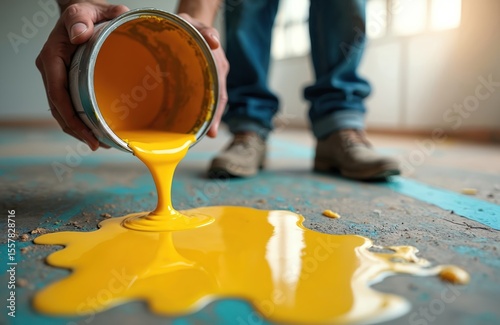 Construction worker spills yellow paint from can onto floor. Accident, messy situation on construction site. Unprofessional careless actions, mistake, hazard, problem with painting, home repair.